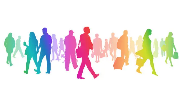 Vector illustration of Exceptionally Large Crowd Of Silhouettes Rainbow