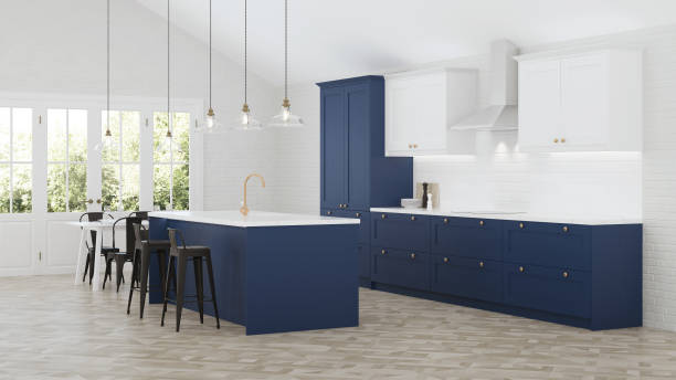 istock The interior of the kitchen in a private house. Blue kitchen. 3D rendering. 1169192935