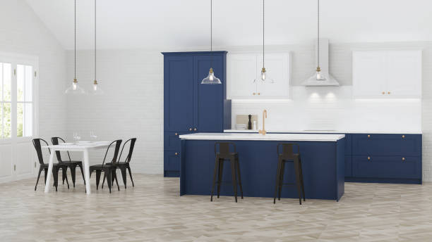 istock The interior of the kitchen in a private house. Blue kitchen. 3D rendering. 1169192953
