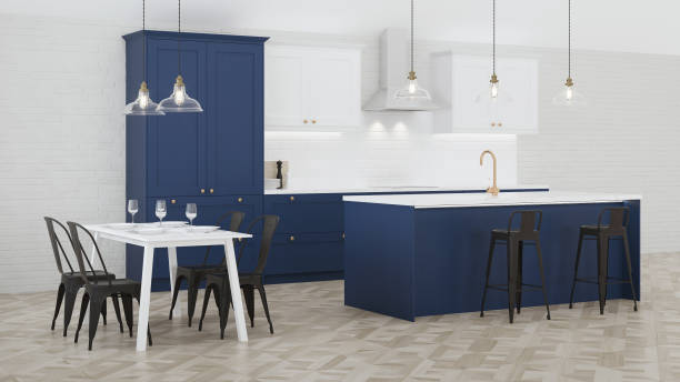 istock The interior of the kitchen in a private house. Blue kitchen. 3D rendering. 1169192954