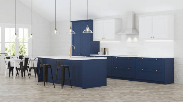 istock The interior of the kitchen in a private house. Blue kitchen. 3D rendering. 1169192955