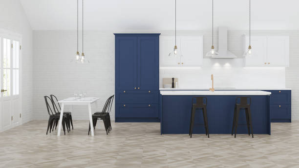 istock The interior of the kitchen in a private house. Blue kitchen. 3D rendering. 1169192956
