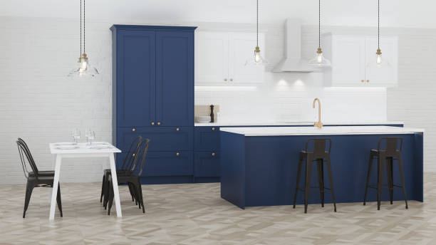 istock The interior of the kitchen in a private house. Blue kitchen. 3D rendering. 1169192965