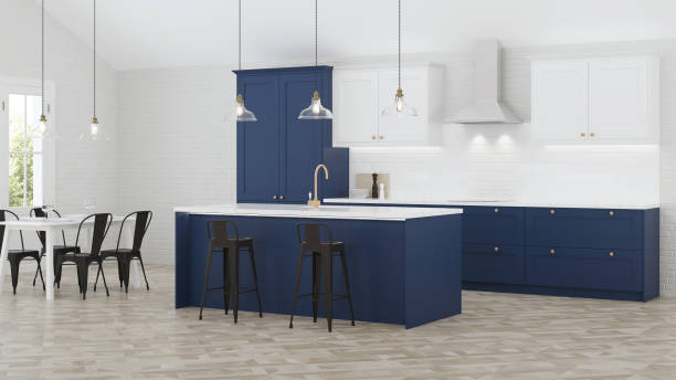 istock The interior of the kitchen in a private house. Blue kitchen. 3D rendering. 1169193151