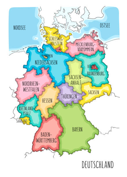 иллюстрированная карта германии с этикетками. вектор, красочный ручной нарисованный стиль. - bayern stock illustrations