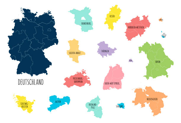 карта германии с разделенными землевладельцами с этикетками. вектор, красочный ручной нарисованный стиль. - bayern stock illustrations