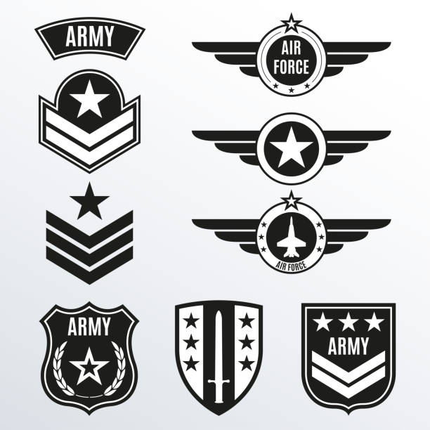 육군 및 군사 배지 세트입니다. 육군 엠블럼이 달린 방패. 벡터 그림입니다. - air force insignia military armed forces stock illustrations