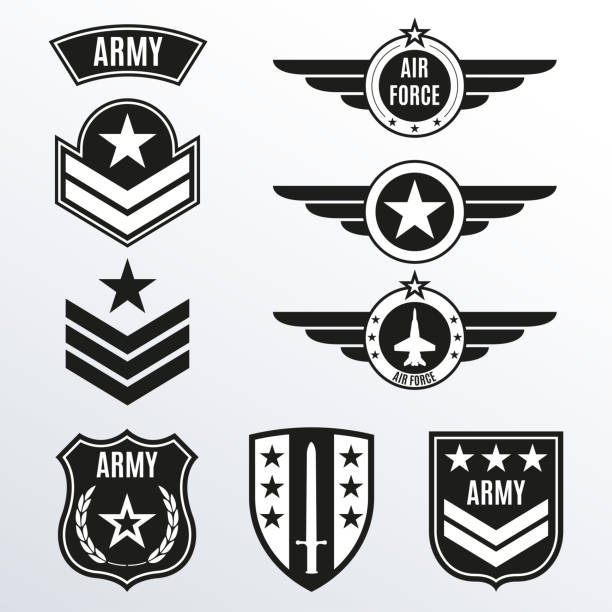 набор армейских и военных значков. щиты с армейской эмблемой. векторная иллюстрация. - army stock illustrations