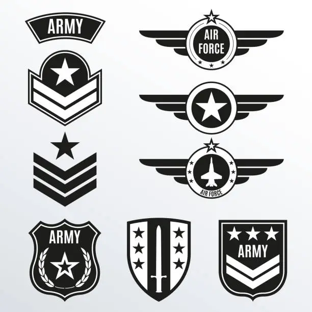 Vector illustration of Army and military badge set. Shields with army emblem. Vector illustration.