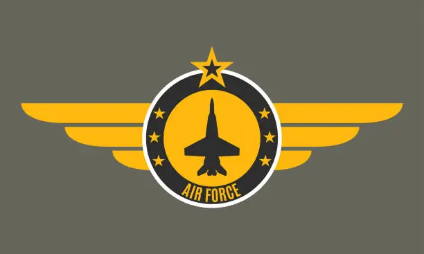 Vector illustration of Air force badge with wings and star. Army and military emblem. Airforce logo. Vector illustration.