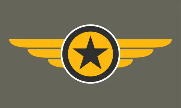 Vector illustration of Wings with star icon. Winged logo template.  Air force badge, army, military and aviation emblem. Vector illustration.