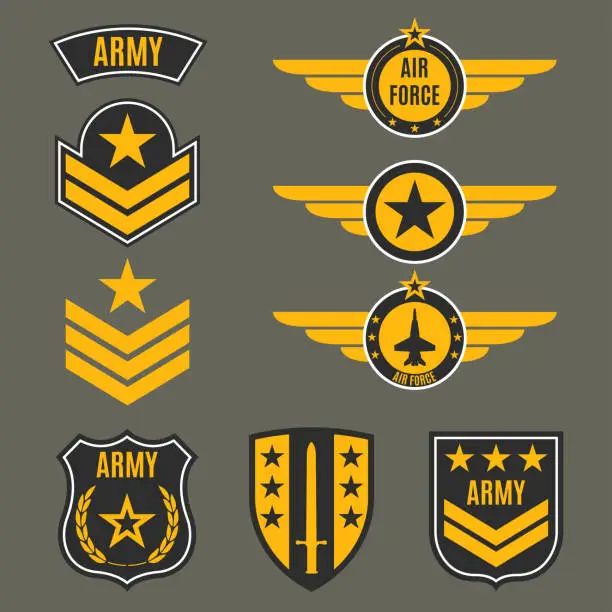 Vector illustration of Army and military badge set. Shields with army emblem. Vector illustration.