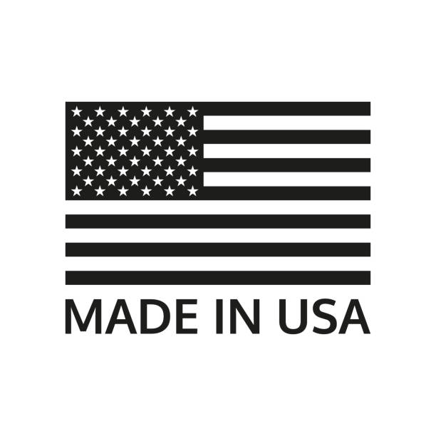 hergestellt in usa logo oder etikett mit us-flagge. amerika hergestellt ikone. vektor-illustration. - usa made in the usa industry striped stock-grafiken, -clipart, -cartoons und -symbole