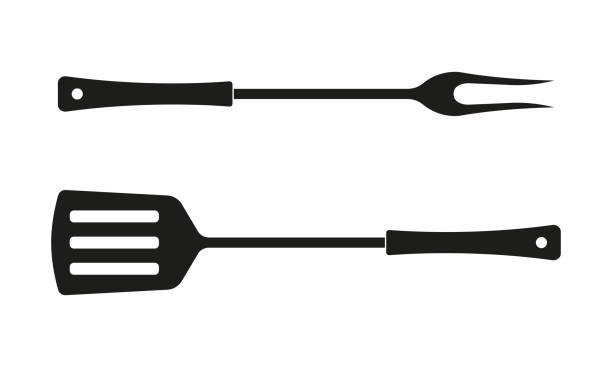 Spatula and fork icon. BBQ and grill tools. Barbecue utensil. Vector illustration. Spatula and fork icon. BBQ and grill tools. Barbecue utensil. Vector illustration. meat clipart stock illustrations