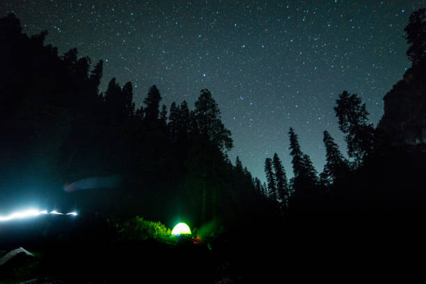istock campfire under night sky with star on top of mountain surrounded by forest 1169202042