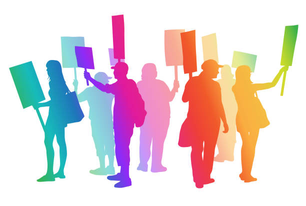 Where Are The Jobs Rainbow Silhouette illustration in colour with a group of people on strike striker stock illustrations