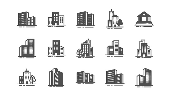 Buildings icons. Bank, Hotel, Courthouse. City, Real estate, Architecture buildings icons. Hospital, town house, museum. Urban architecture, city skyscraper. Classic set. Quality set. Vector