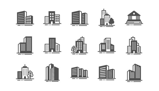 Buildings icons. Bank, hotel, courthouse. City architecture, skyscraper building. Vector Buildings icons. Bank, Hotel, Courthouse. City, Real estate, Architecture buildings icons. Hospital, town house, museum. Urban architecture, city skyscraper. Classic set. Quality set. Vector public building stock illustrations