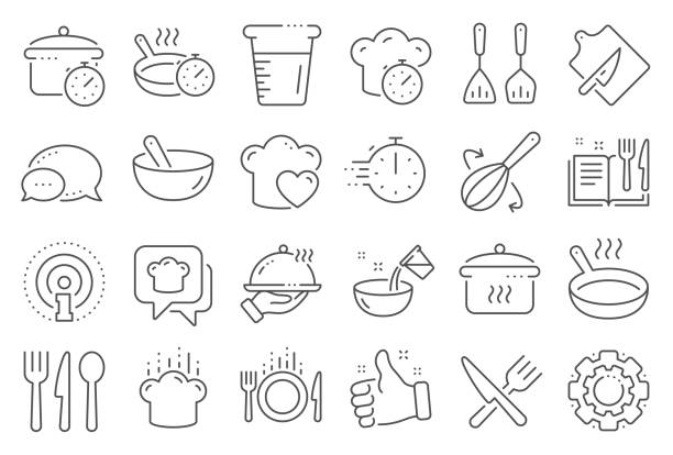 illustrazioni stock, clip art, cartoni animati e icone di tendenza di icone della linea di cottura. tempo di ebollizione, padella e utensili da cucina. vettore - ricetta