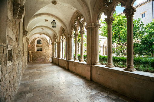 Maria Laach, Germany, July 26, 2023 - Cloister in the Benedictine Abbey Maria Laach in the Volcanic Eifel
