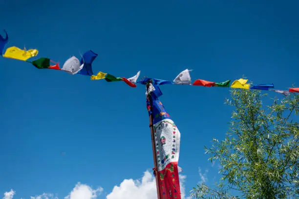 Photo of Budhist flags in the mountains near hamta