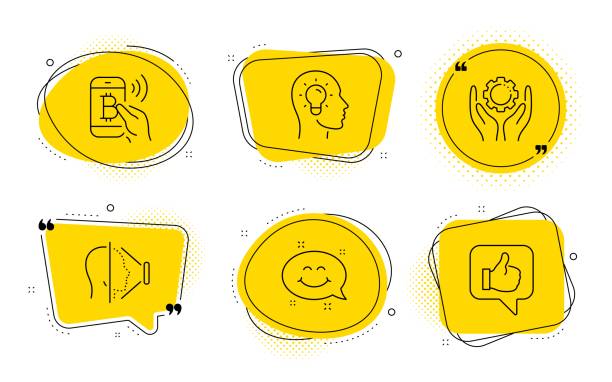 istock Smile chat, Face id and Bitcoin pay icons set. Employee hand, Idea head and Like signs. Vector 1169221609