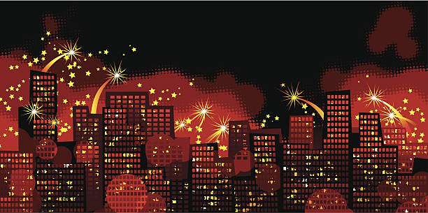 holiday firework at large modern city Vector of holiday firework at modern night city  diwali home stock illustrations