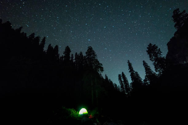istock campfire under night sky with star on top of mountain surrounded by forest 1169227850