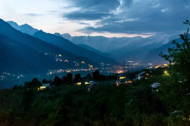 Night view of Manali City in Himalayas -