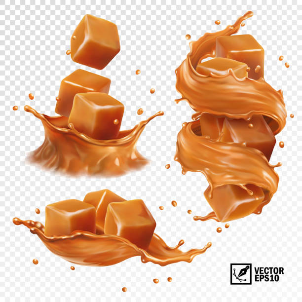 3d realistische vektor-set von einem spritzer von karamell, scheiben und stücke von karamell, ein spritzer in form einer krone und ein wirbel - kuchen und süßwaren stock-grafiken, -clipart, -cartoons und -symbole