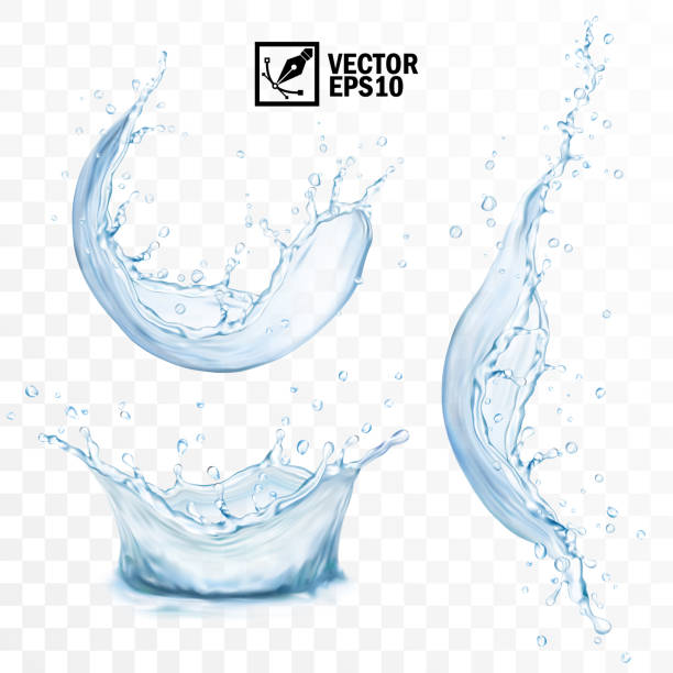 реалистичный прозрачный изолированный вектор набор брызг воды с каплями, всплеск падающей воды, всплеск в виде короны, всплеск в виде круга - water stock illustrations