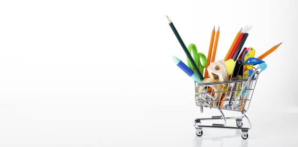 Trolley with educational material for the school Trolley with educational material for the school costus stock pictures, royalty-free photos & images