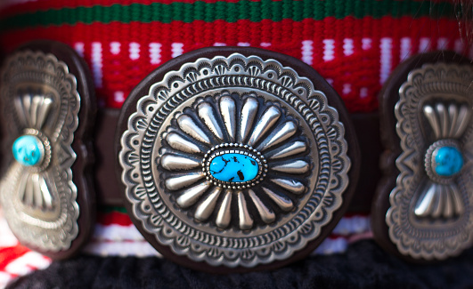 Vintage Southwest Native American Silver and Turquoise Belt, Close-Up