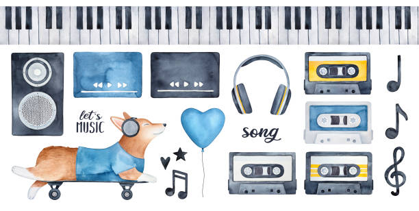 illustrations, cliparts, dessins animés et icônes de "let's music" pack d'illustration avec caractère drôle chien corgi dans les écouteurs, divers signes musicaux et de célébration. dessin peint à la main d'aquarelle sur fond blanc, éléments de clipart pour la conception. - listening music illustration and painting hand drawn