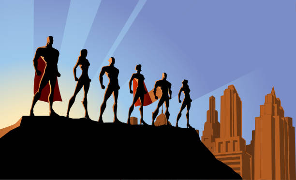 Vector Superhero Team in The City Silhouette Illustration A silhouette style illustration of a team of superheroes standing on a rock cliff with city skyline in the background. Wide space available for your copy. decoteau stock illustrations