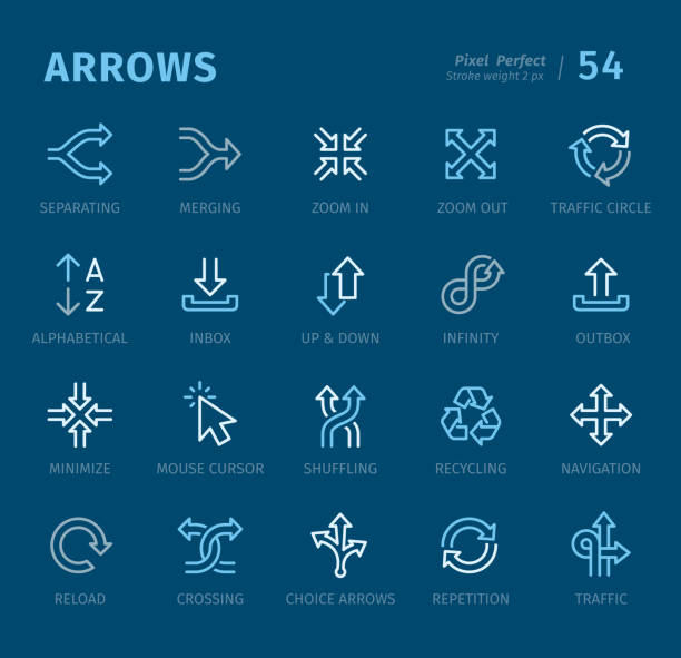 Arrows pack - Outline icons with captions Arrows set - 20 three-color outline icons with captions / Pixel Perfect Set #54
Icons are designed in 48x48pх square, outline stroke 2px.
First row of outline icons contains:
Separating, Merging, Zoom In, Zoom Out, Traffic Circle;
Second row contains:
Alphabetical, Inbox, Up & Down, Infinity, Outbox;
Third row contains:
Minimize, Mouse Cursor, Shuffling, Recycling, Navigation;
Fourth row contains:
Reload, Crossing, Choice Arrows, Repetition, Traffic.
Complete Captico icons collection - https://www.istockphoto.com/collaboration/boards/L98ewPMHpUStg1uF0pmcYg double arrow chart stock illustrations