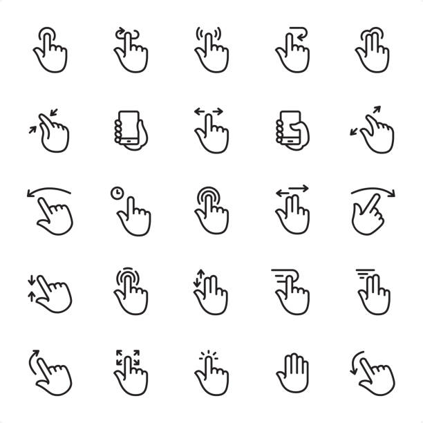 Touch Gestures - 25 Outline Style - Single black line icons - Pixel Perfect / Pack #53Icons are designed in 48x48pх square, outline stroke 2px.First row of outline icons contains:Tap Button, Turn Around, Press Gesture, Undo Gesture, Multi-Finger Gesture;Second row contains:Zoom in Gesture, Holding Mobile Phone, Sliding, Holding Mobile Phone (Thumb), Zoom Out Gesture;  Third row contains:Flick Back, Time, Tapping, Two Fingers Sliding, Flick Forward;Fourth row contains:Pinch, Tapping, Dragging Double Finger, Scroll, Double Finger Dragging;Fifth row contains:Flick Up, Tap (Click), Drag Gesture, Stop Gesture, Flick Down.Complete Grandico collection - https://www.istockphoto.com/collaboration/boards/FwH1Zhu0rEuOegMW0JMa_w