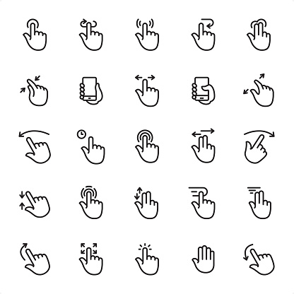 Touch Gestures - 25 Outline Style - Single black line icons - Pixel Perfect / Pack #53
Icons are designed in 48x48pх square, outline stroke 2px.

First row of outline icons contains:
Tap Button, Turn Around, Press Gesture, Undo Gesture, Multi-Finger Gesture;

Second row contains:
Zoom in Gesture, Holding Mobile Phone, Sliding, Holding Mobile Phone (Thumb), Zoom Out Gesture;  

Third row contains:
Flick Back, Time, Tapping, Two Fingers Sliding, Flick Forward;

Fourth row contains:
Pinch, Tapping, Dragging Double Finger, Scroll, Double Finger Dragging;

Fifth row contains:
Flick Up, Tap (Click), Drag Gesture, Stop Gesture, Flick Down.

Complete Grandico collection - https://www.istockphoto.com/collaboration/boards/FwH1Zhu0rEuOegMW0JMa_w
