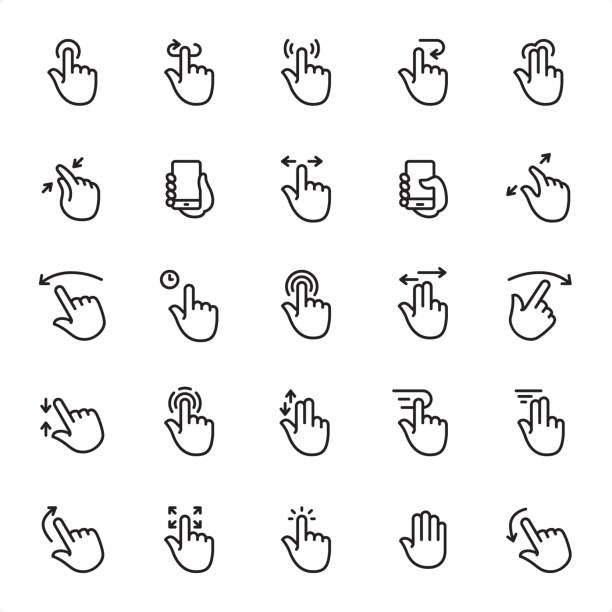 Touch Gestures - Outline Icon Set Touch Gestures - 25 Outline Style - Single black line icons - Pixel Perfect / Pack #53
Icons are designed in 48x48pх square, outline stroke 2px.

First row of outline icons contains:
Tap Button, Turn Around, Press Gesture, Undo Gesture, Multi-Finger Gesture;

Second row contains:
Zoom in Gesture, Holding Mobile Phone, Sliding, Holding Mobile Phone (Thumb), Zoom Out Gesture;  

Third row contains:
Flick Back, Time, Tapping, Two Fingers Sliding, Flick Forward;

Fourth row contains:
Pinch, Tapping, Dragging Double Finger, Scroll, Double Finger Dragging;

Fifth row contains:
Flick Up, Tap (Click), Drag Gesture, Stop Gesture, Flick Down.

Complete Grandico collection - https://www.istockphoto.com/collaboration/boards/FwH1Zhu0rEuOegMW0JMa_w scrolling stock illustrations