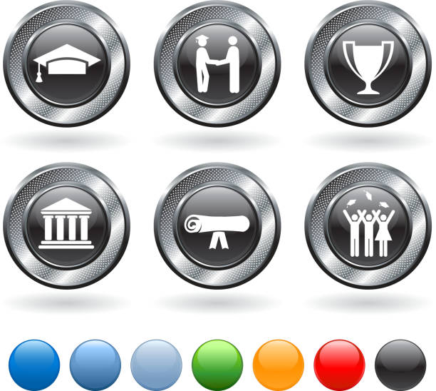 graduation royalty free vector icon set on metallic button  hand raised orange blue colors stock illustrations