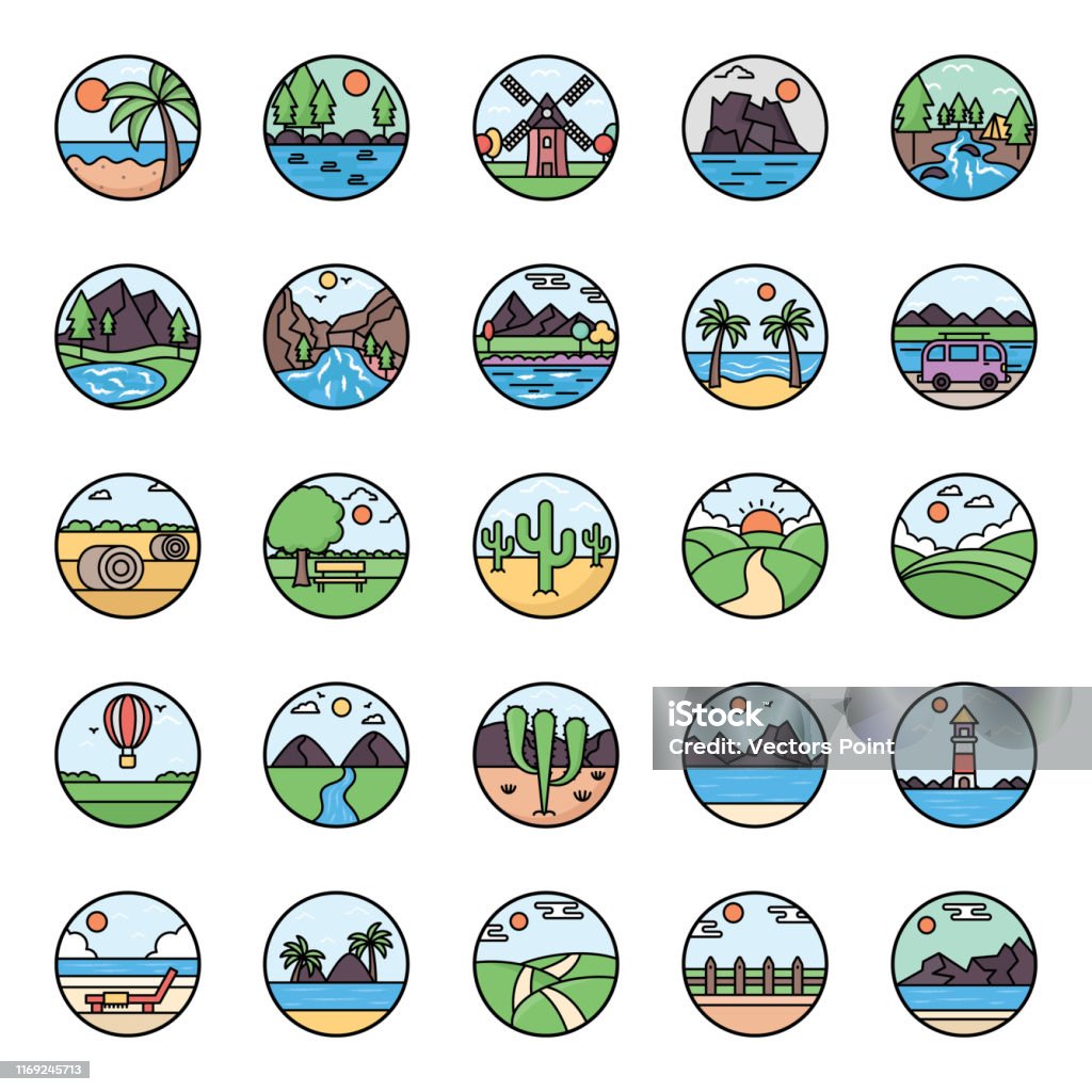 Landscape Vector Round Nature Landscapes Flat Rounded Vectors Stock Illustration - Download ...