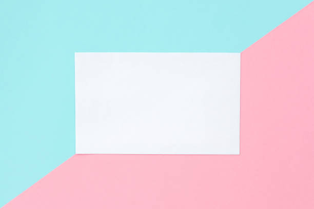 empty frame and on blue and pink pastel background with copy space. flat lay, free copy space. - paper sheet imagens e fotografias de stock