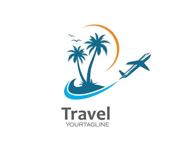 Vector illustration of plane with palms icon logo of travel and travel agency vector