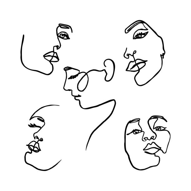 One Line drawing of set Woman's Face. Continuous line Portrait of a girl In a Minimalist Style. Vector Illustration. One Line drawing of set Woman's Face. Continuous line Portrait of a girl In a Modern Minimalist Style. Vector Illustration. For printing on t-shirt, Web Design, beauty Salons, Posters and other things women fashion icons stock illustrations