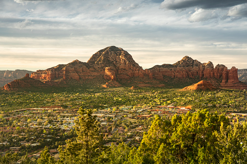 Capitol Butte and Coffee Pot Rock formation as seen from Airport Mesa over the town of Sedona Arizona USA