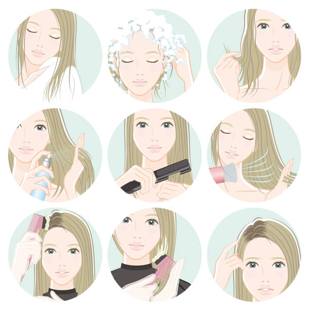 ilustrações, clipart, desenhos animados e ícones de ilustração da mulher que faz o cuidado de cabelo - hair care illustrations