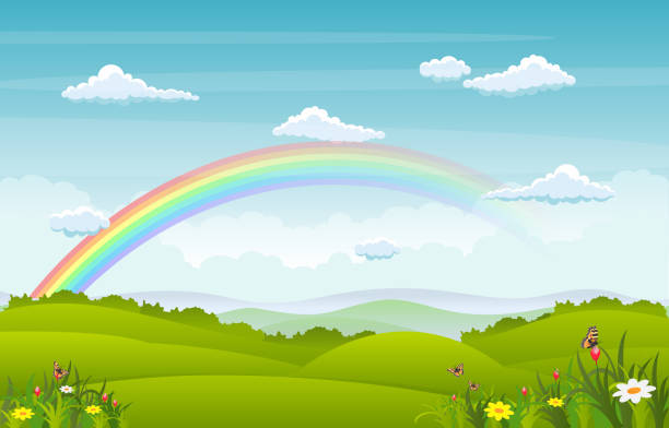 Beautiful Rainbow Sky with Green Meadow Mountain Nature Landscape Illustration Beautiful Rainbow Sky with Green Meadow Mountain Nature Landscape Illustration spring flower mountain landscape stock illustrations