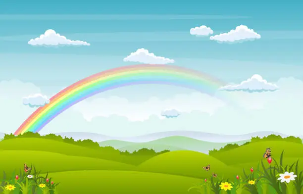 Vector illustration of Beautiful Rainbow Sky with Green Meadow Mountain Nature Landscape Illustration