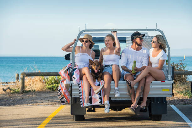 Young Australians with car at the Beach stock photo