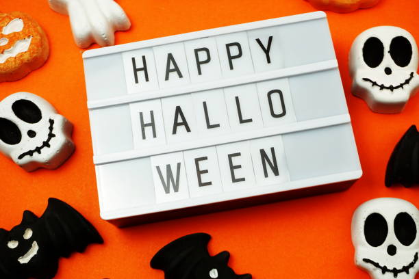 istock Top view Happy Halloween word in Light box flat lay 1169268888